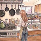 キッチンで煮干し粉を作る女性