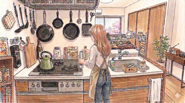 キッチンで煮干し粉を作る女性