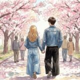 大阪造幣局の桜並木を府筆歩く
