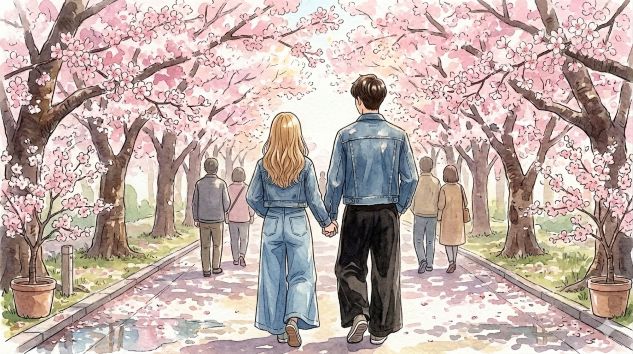 大阪造幣局の桜並木を府筆歩く