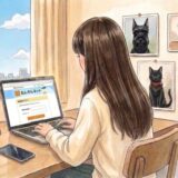 パソコンに向かって年金と税金について調べてる女性