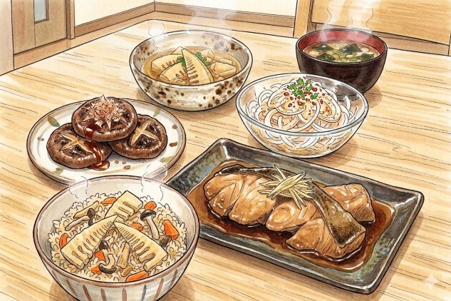 食卓に並ぶたけのこご飯