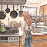 キッチンで料理本を見る女性