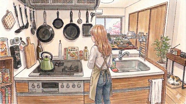 キッチンで料理本を見る女性