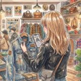 古着屋でGジャンを見る女性