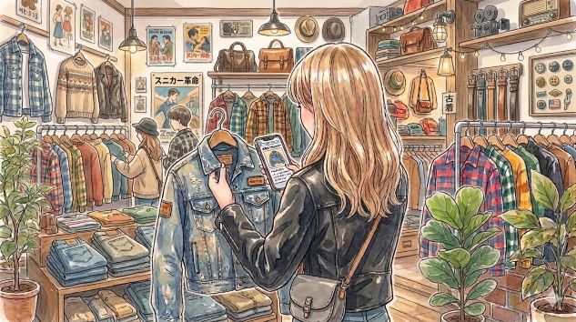 古着屋でGジャンを見る女性