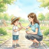 公園で日焼け止めを塗る親子