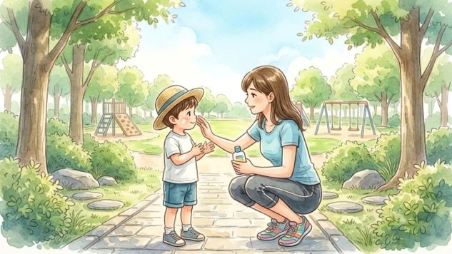 公園で日焼け止めを塗る親子
